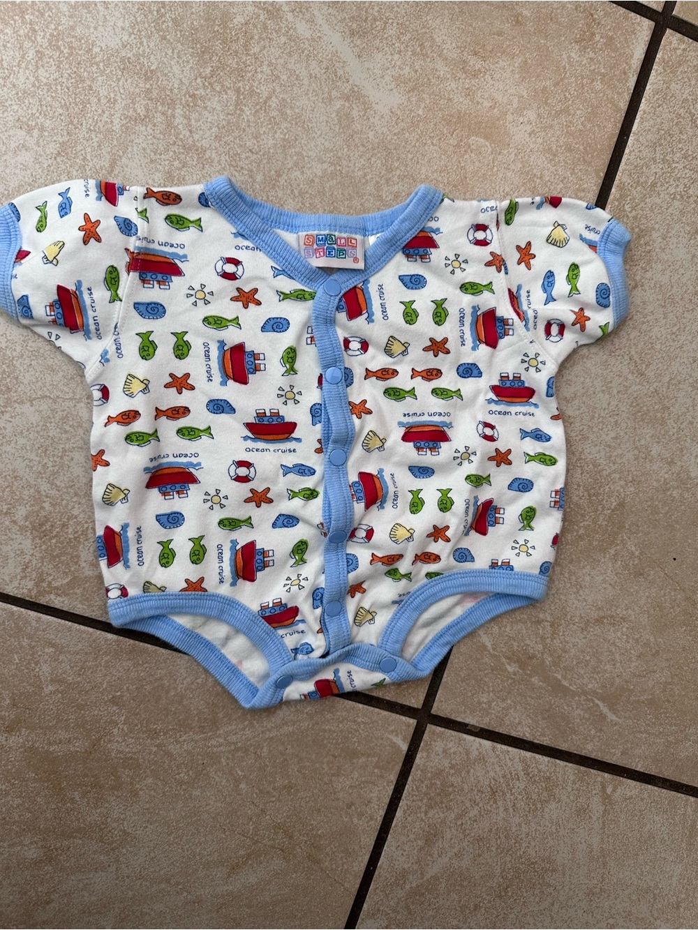 Vintage Small Steps Blue-Trim Ocean Cruise Print Baby One-Piece